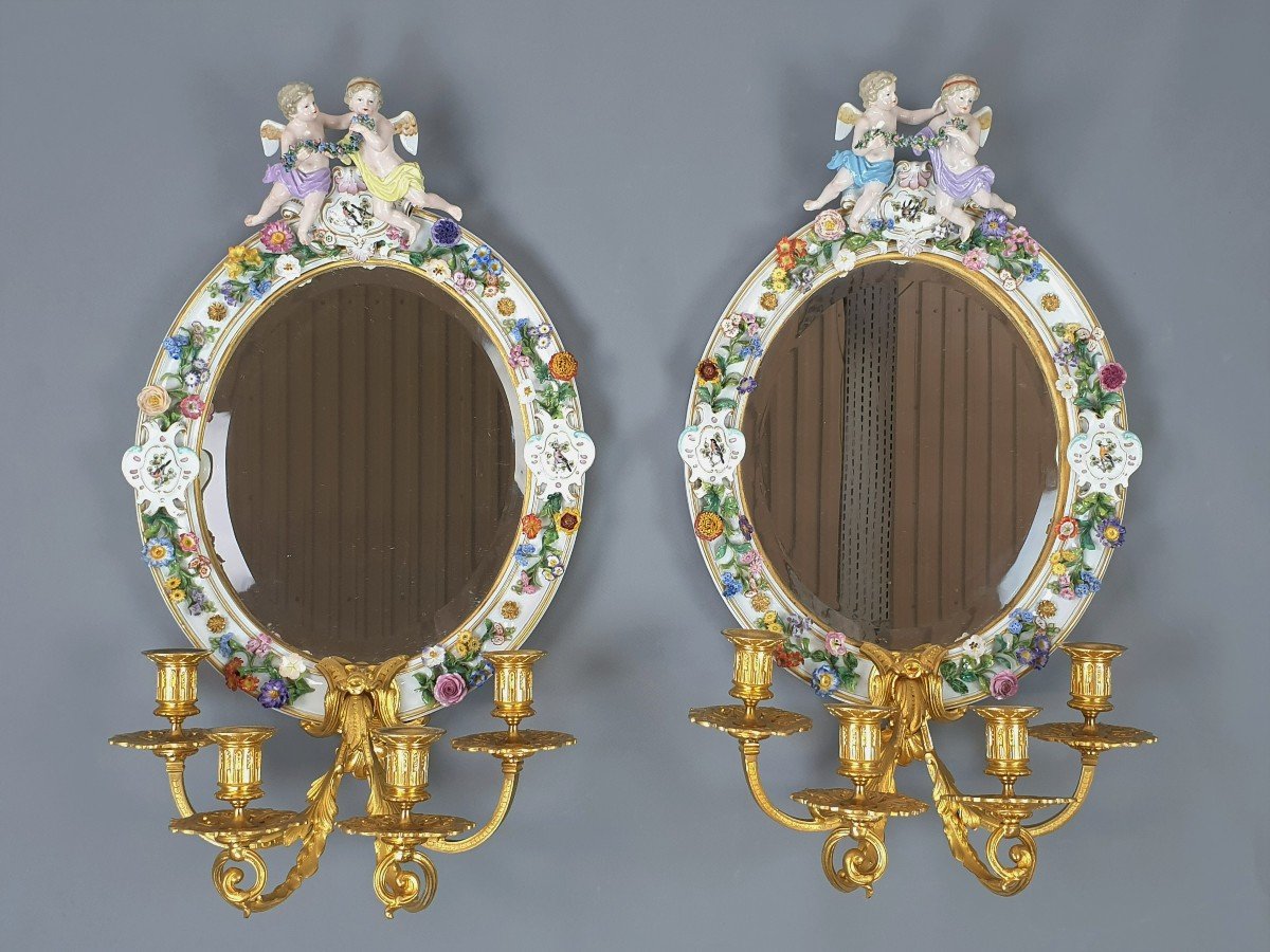 Paire De Meissen Appliques Miroirs Porcelaine Bronze Dore 1870