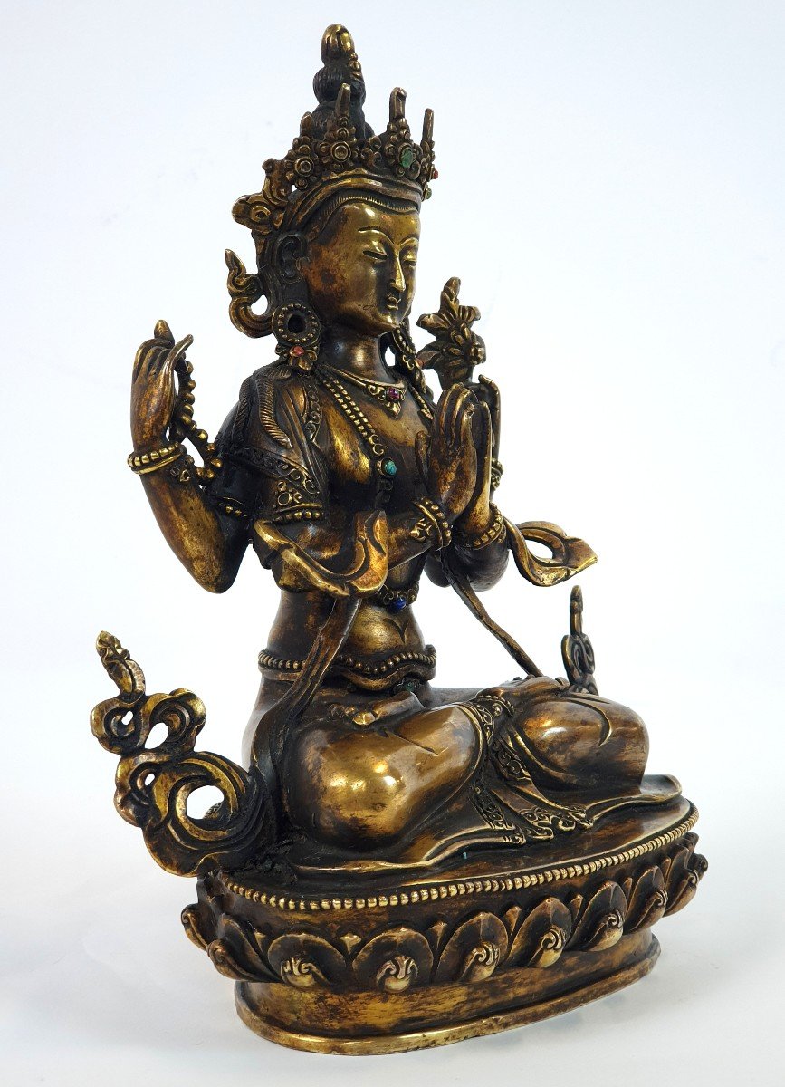 Buddha Bodhisattva In Bronze Decorated With Stones 23 Cm-photo-4