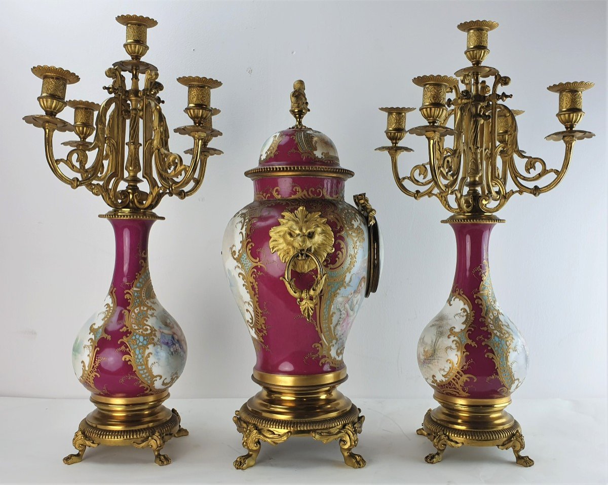 Garniture En Sevres Porcelaine Bronze Dore 19eme Siecle-photo-4