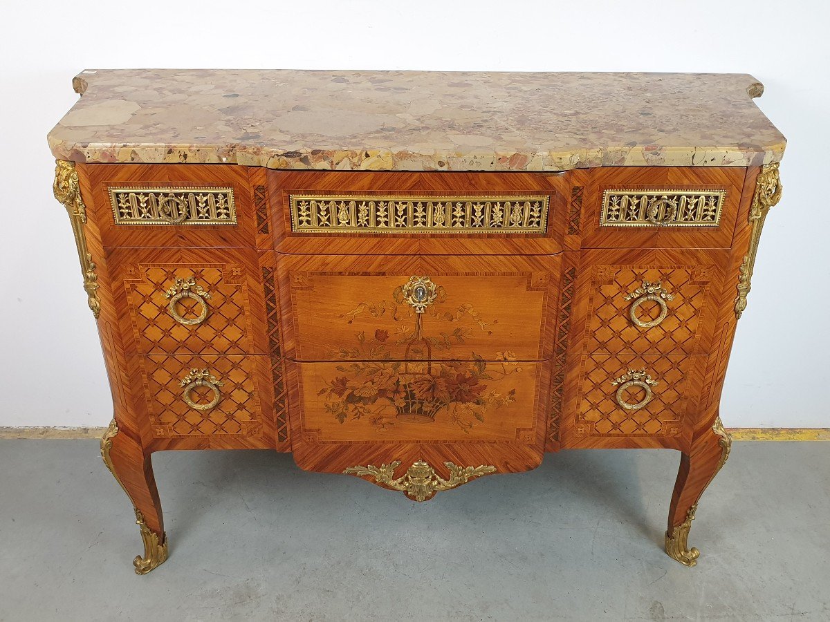 Commode Louis XVI Style Marquetry Bronze Dore 19th-photo-2