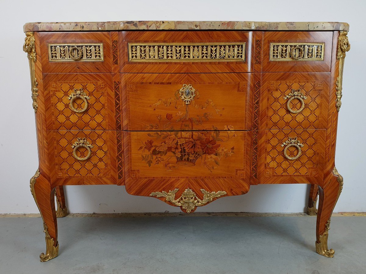 Commode Louis XVI Style Marquetry Bronze Dore 19th