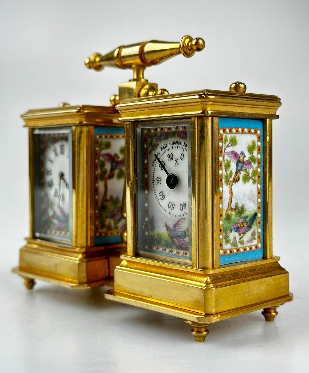 Pendule De Voyage Avec Baromètre Porcelaine Bronze-photo-4