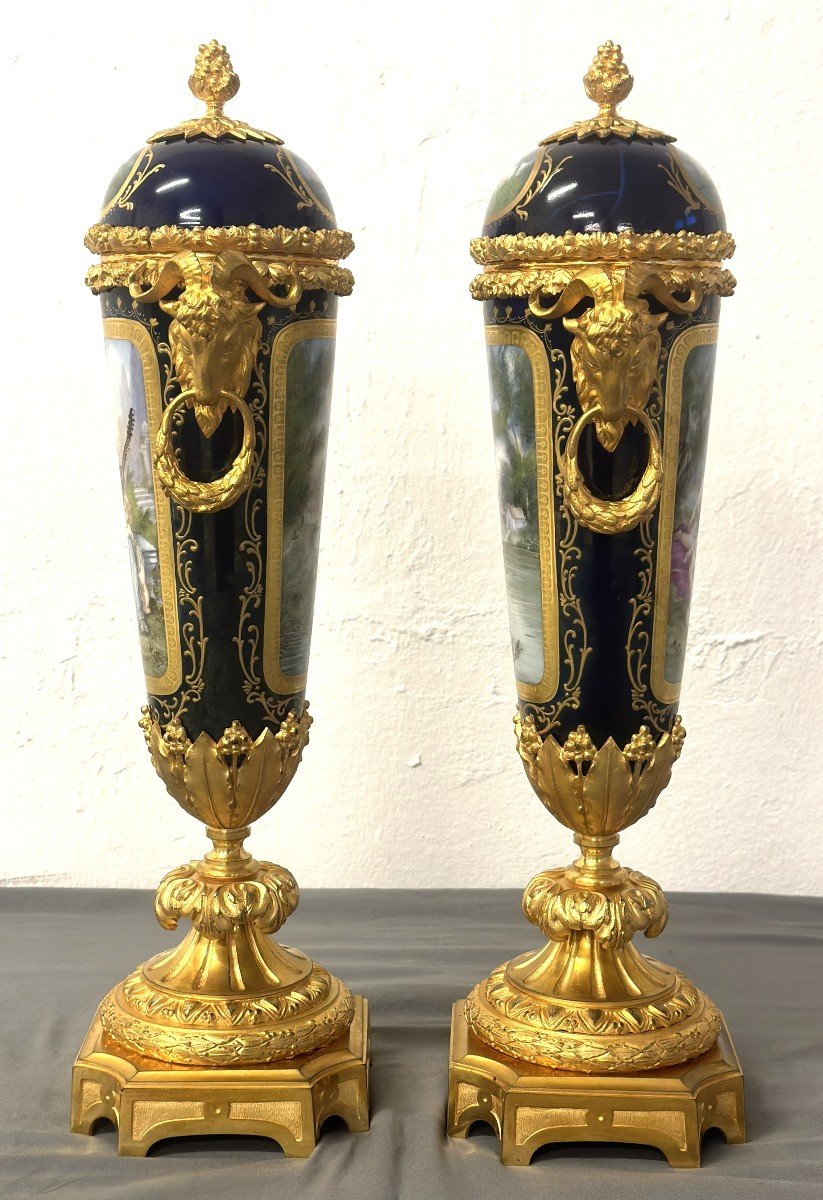 Paire De Vases Sevres 52 Cm Porcelaine Bronze Dore-photo-3