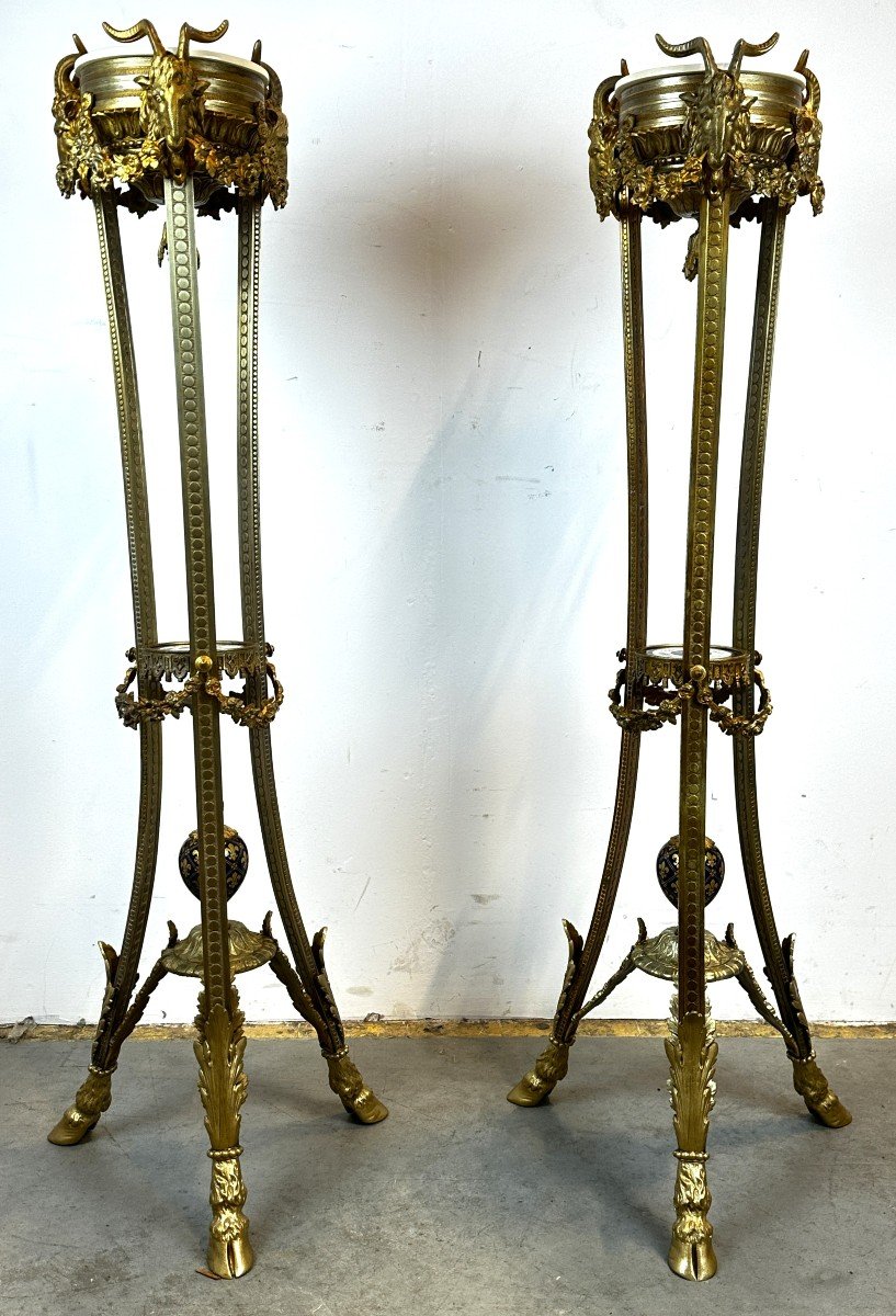 Pair Of Gilt Bronze Pedestal Tables With Sèvres Porcelain Plaques 19th Century-photo-1