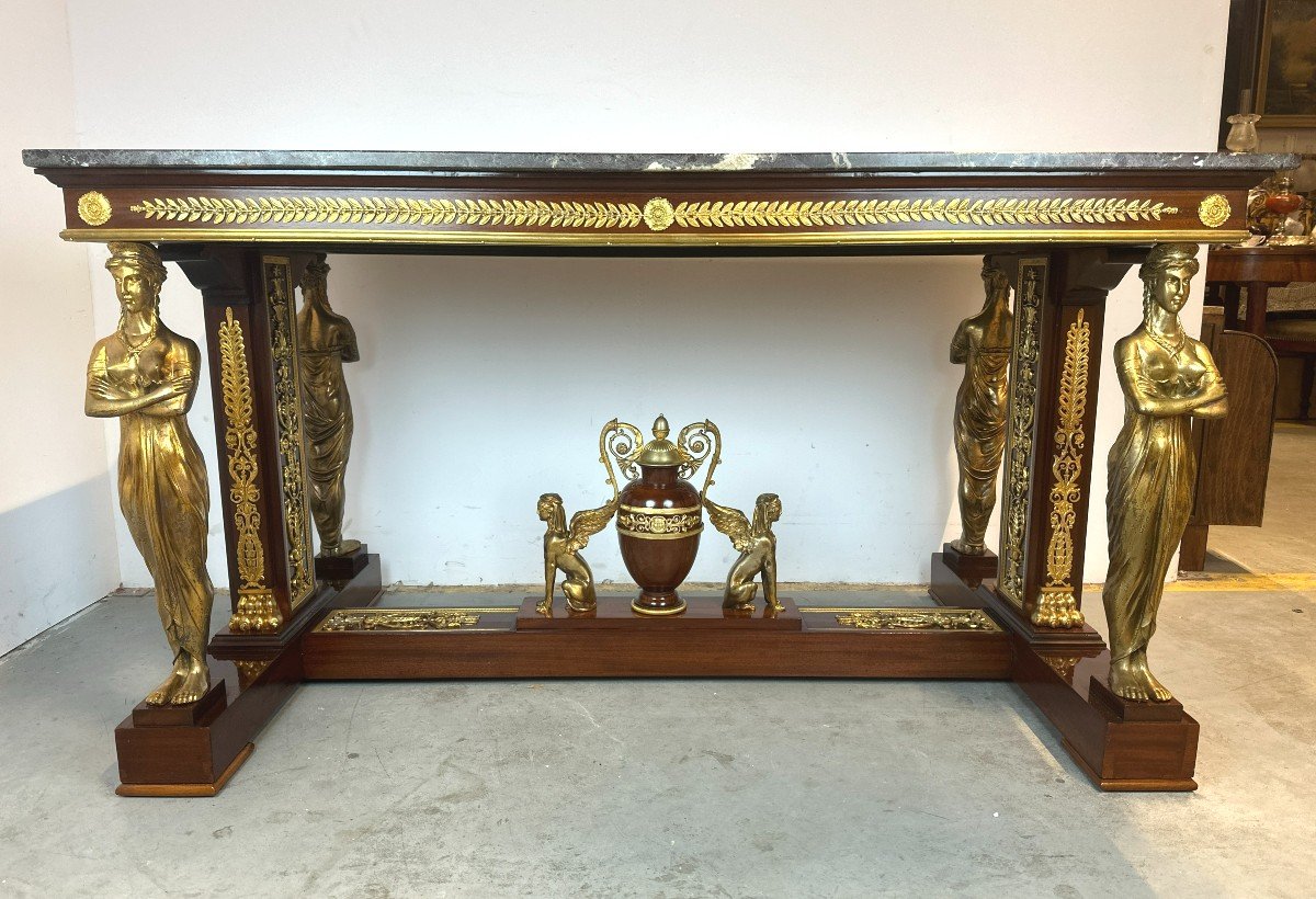 Superbe Table En Empire Signee E. Kahn Et Bronze Dore Acajou