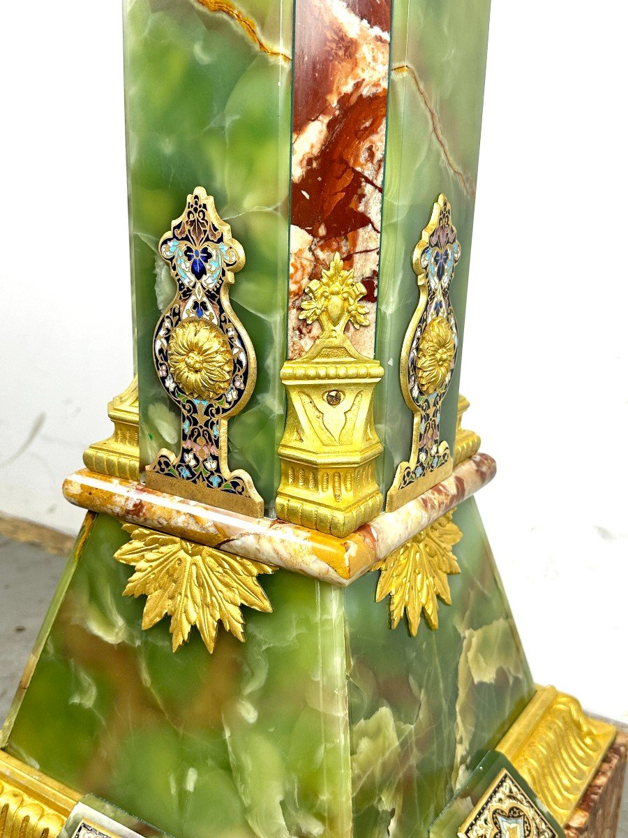 Column Ionyx And Champlevé Enamel With Gilt Bronze Porcelain Plates-photo-3