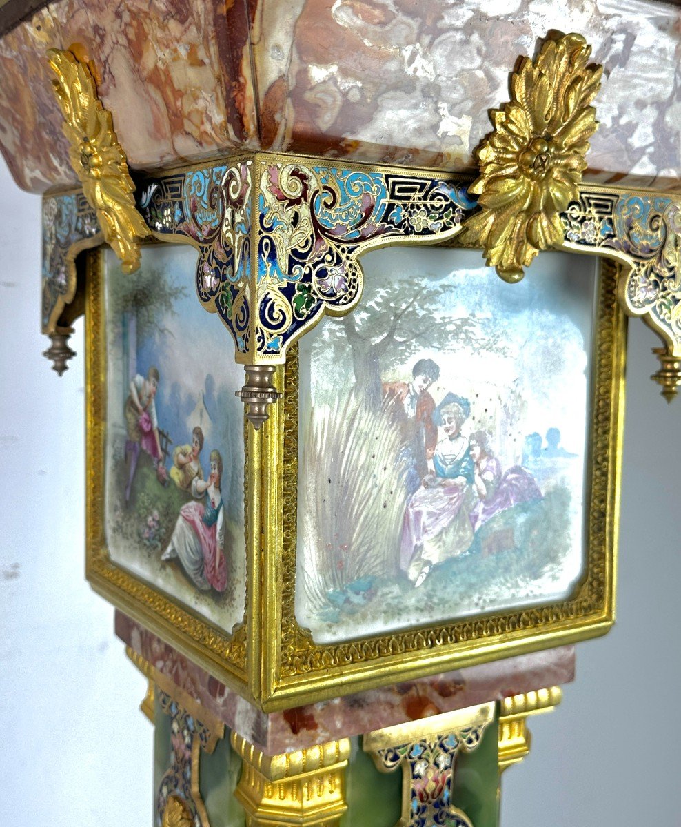 Column Ionyx And Champlevé Enamel With Gilt Bronze Porcelain Plates-photo-2