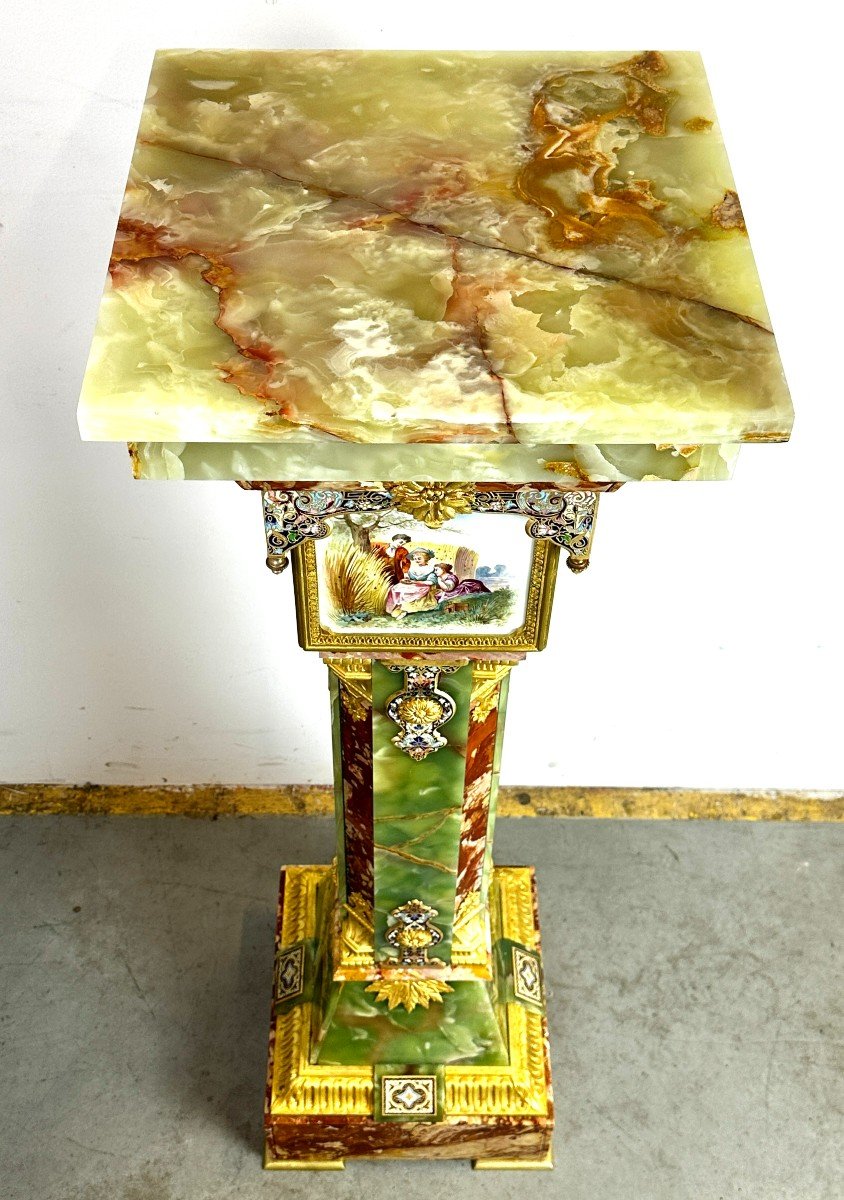 Column Ionyx And Champlevé Enamel With Gilt Bronze Porcelain Plates-photo-4