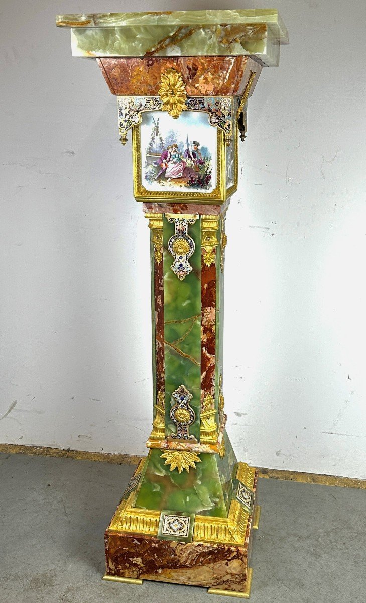 Column Ionyx And Champlevé Enamel With Gilt Bronze Porcelain Plates-photo-8