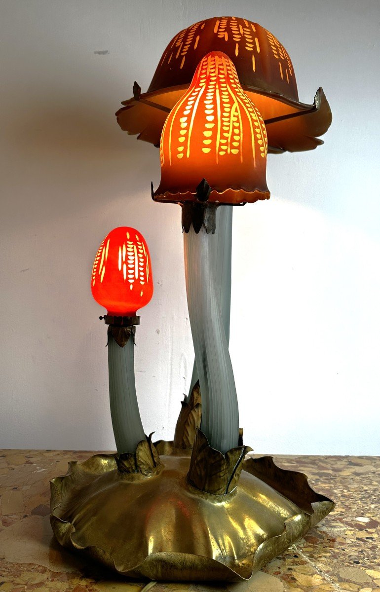 Large Galle Style Whimsical Lamp "les Coprins" Art Nouveau-photo-6