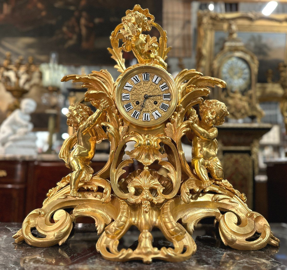 Large Gilt Bronze Clock With Putti 57x59 Cm 