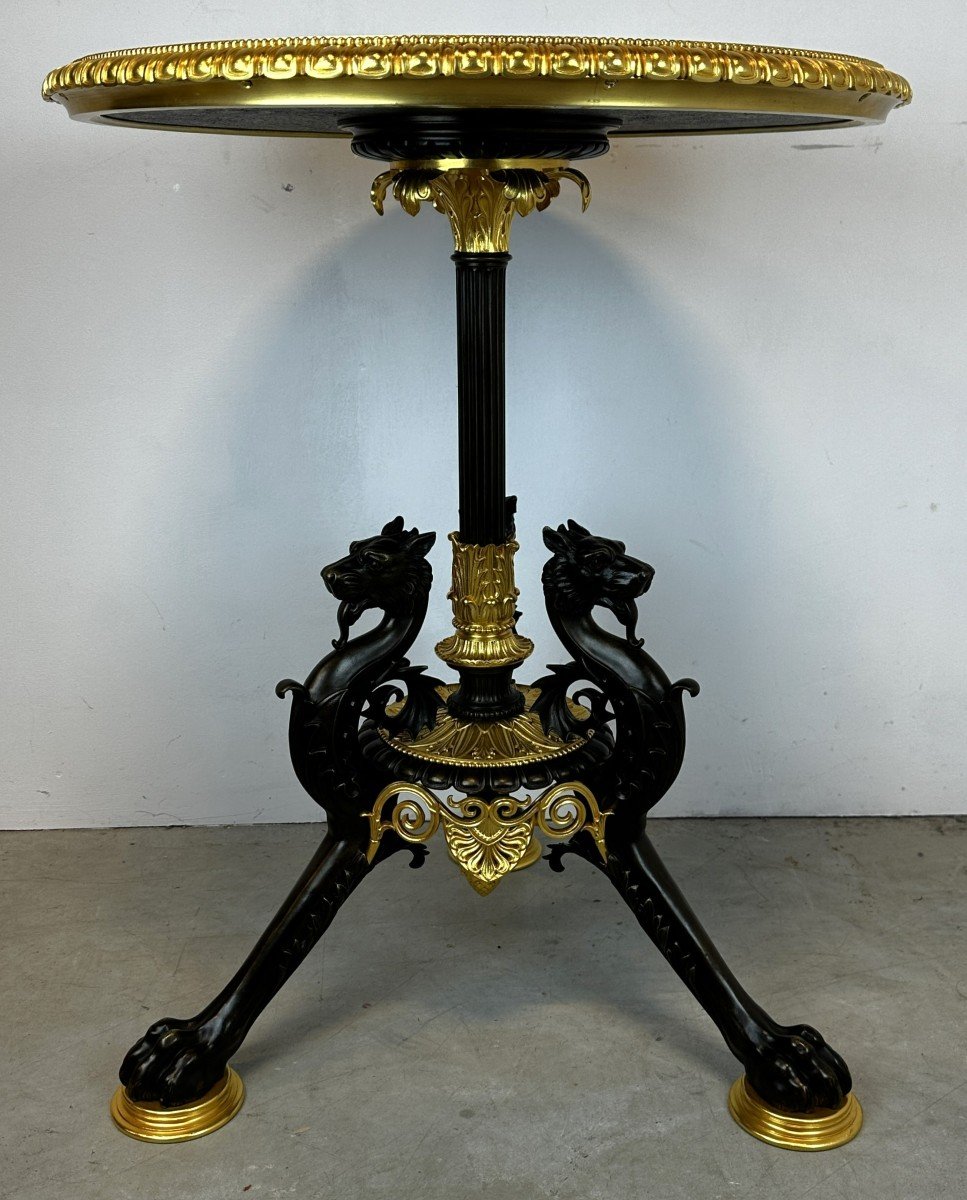 Pedestal Table In Bronze And Pietra Dura Marquetry Sign Hollenbach Wien Malachite Marble 19th C-photo-2