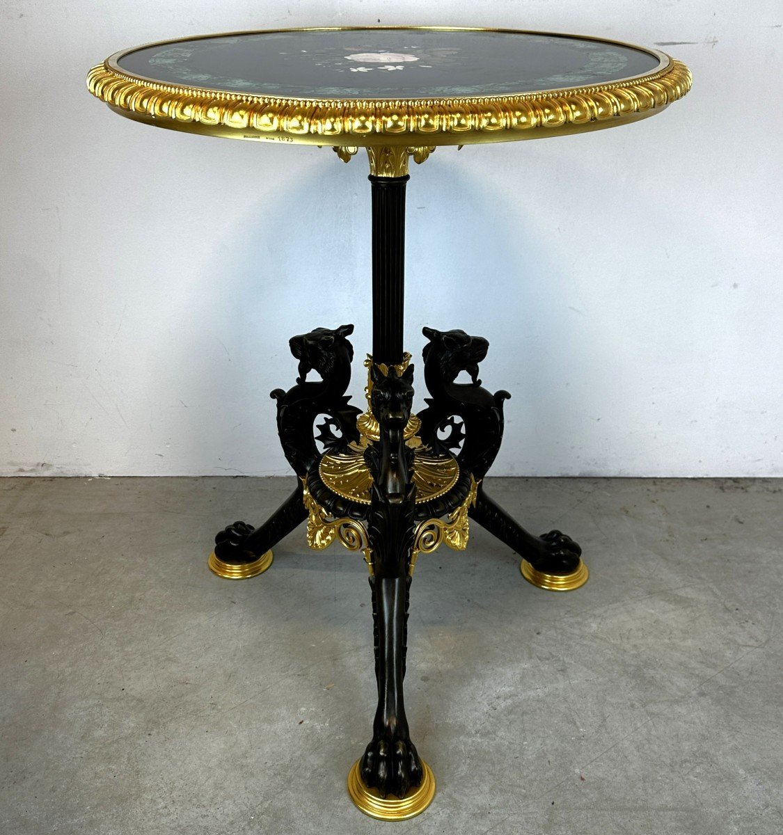 Pedestal Table In Bronze And Pietra Dura Marquetry Sign Hollenbach Wien Malachite Marble 19th C-photo-2