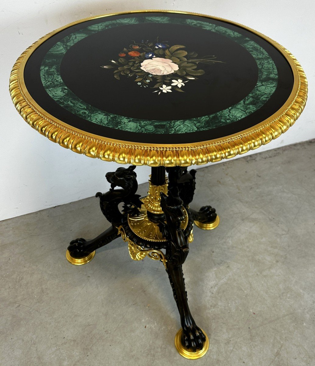 Pedestal Table In Bronze And Pietra Dura Marquetry Sign Hollenbach Wien Malachite Marble 19th C-photo-7