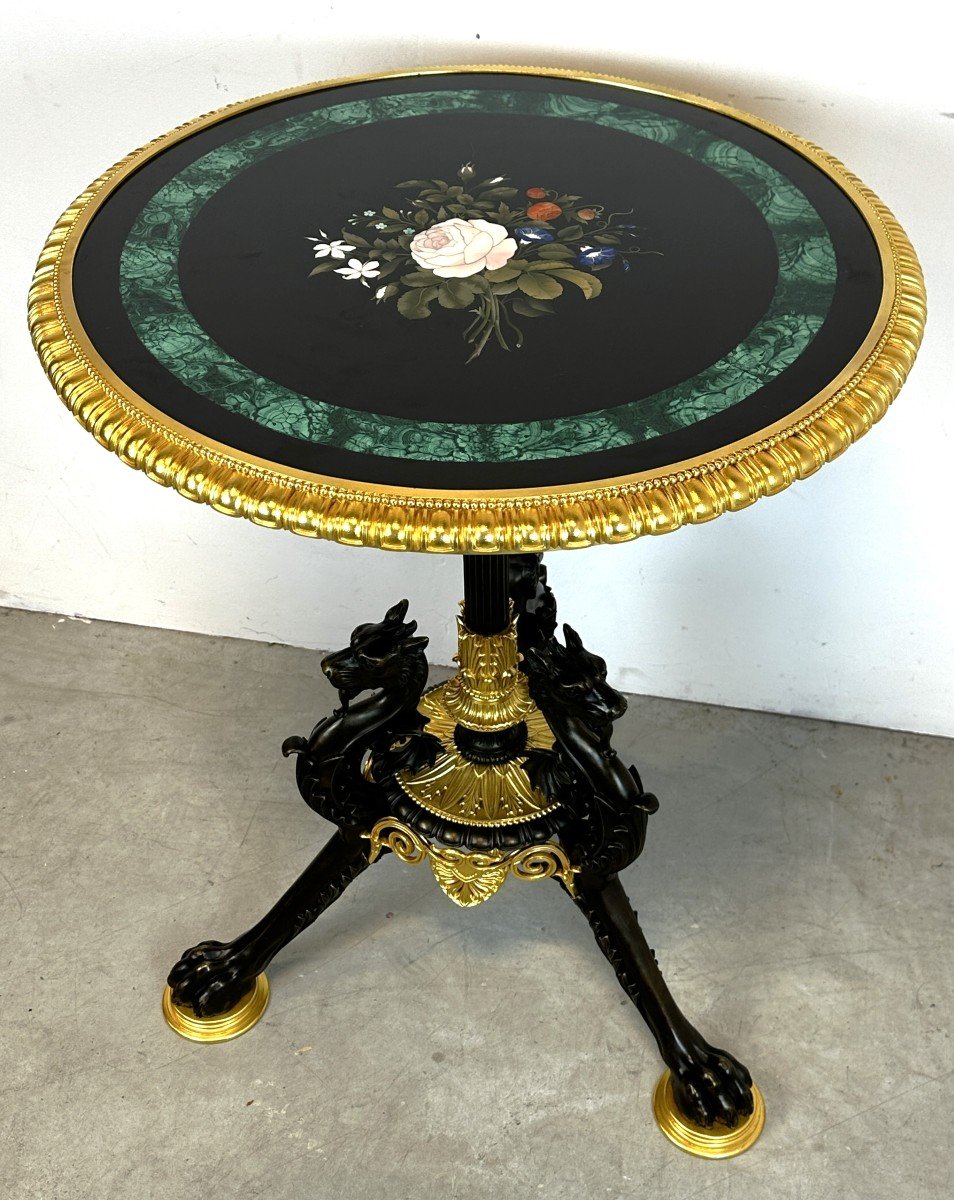 Pedestal Table In Bronze And Pietra Dura Marquetry Sign Hollenbach Wien Malachite Marble 19th C