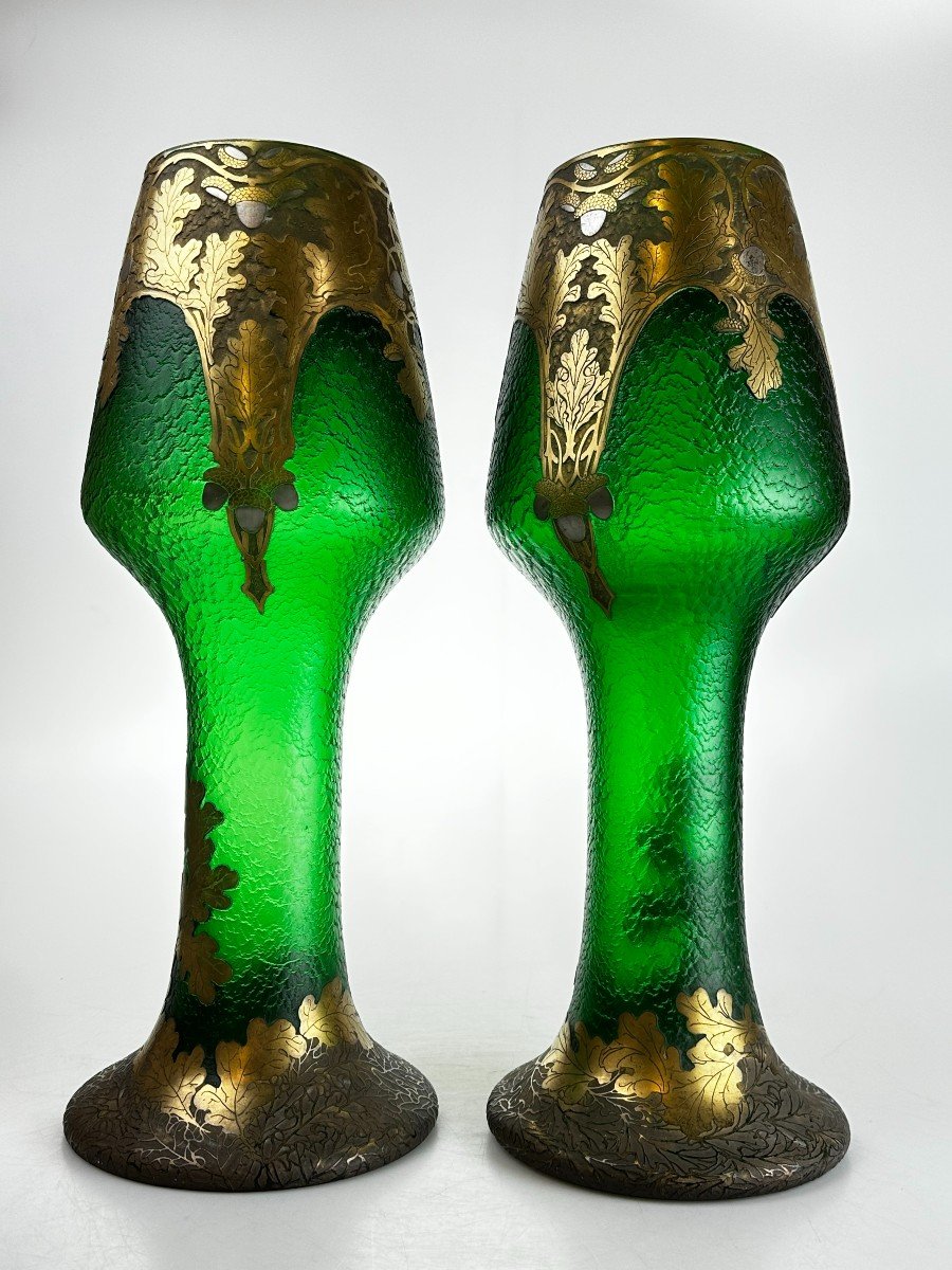 Large Pair Of Legras And Monjoye Art Nouveau Green Glass Vases-photo-7