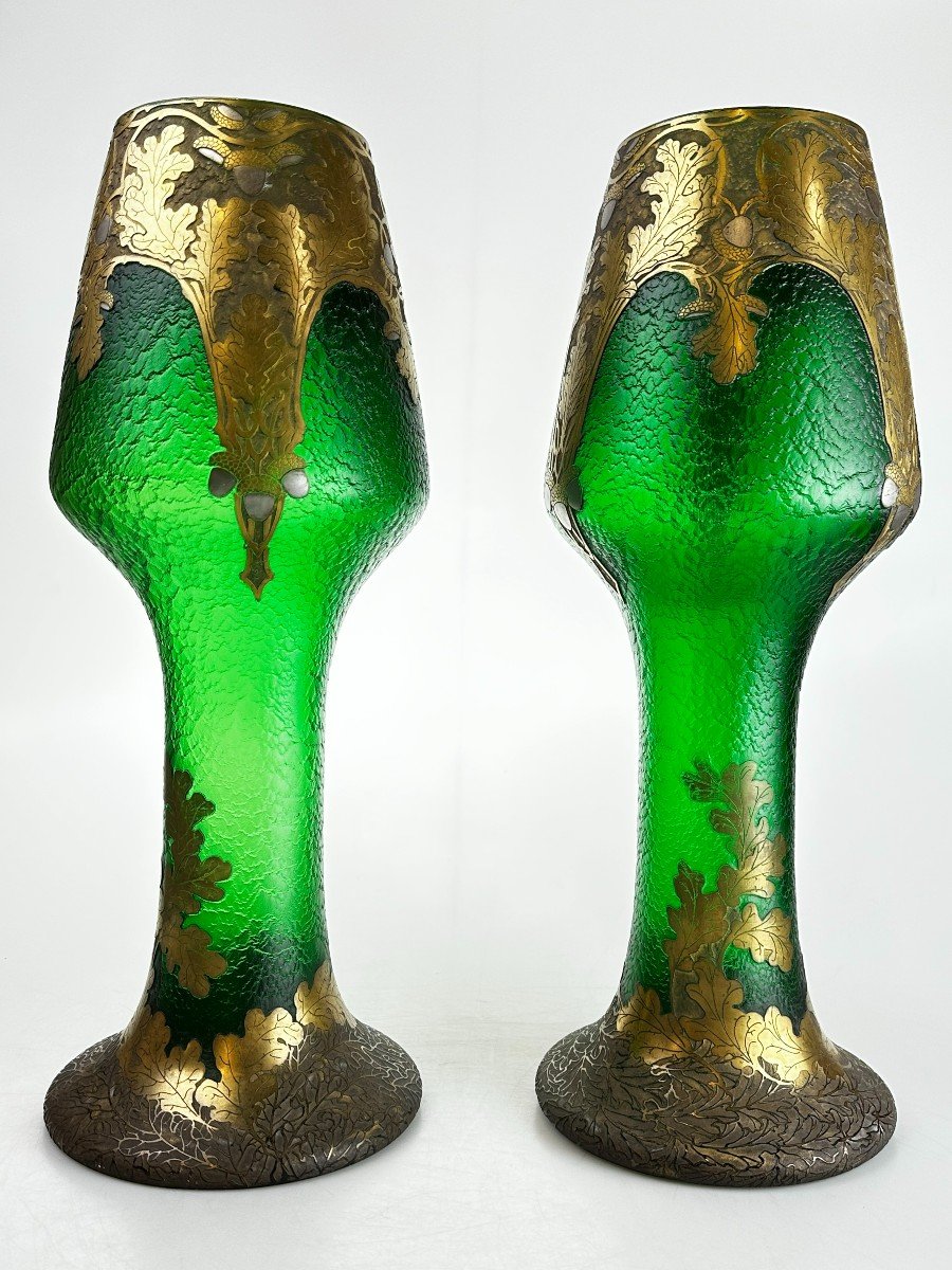 Large Pair Of Legras And Monjoye Art Nouveau Green Glass Vases