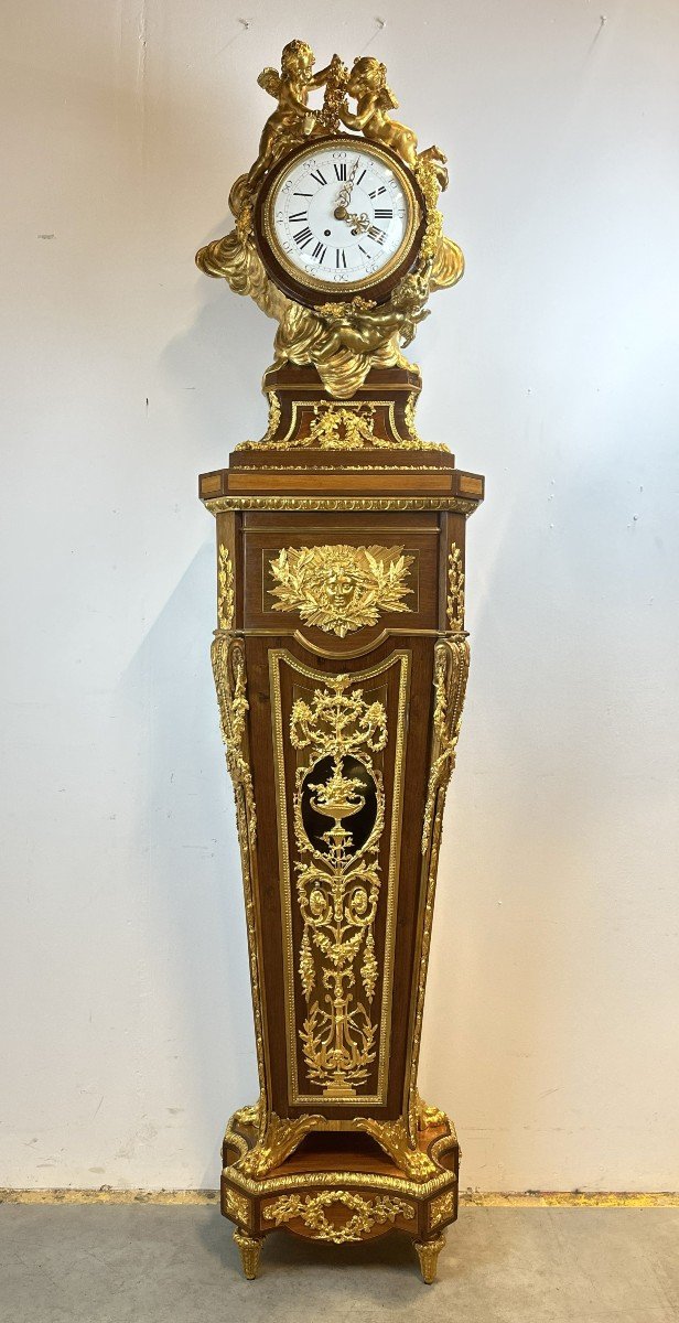 Horloge De Parquet Louis XVI Signee E. Khan Apres Jean-henri Riesener 230 Cm