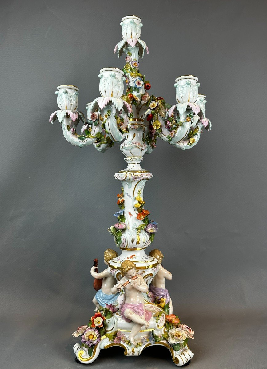 Candélabre Figuratif En Porcelaine De Meissen XIXe 60 Cm