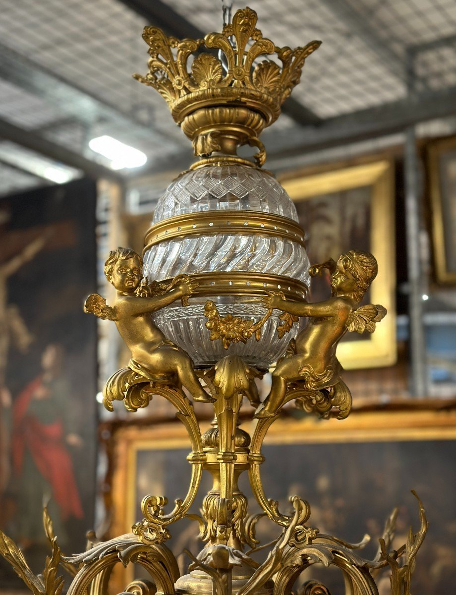 Lustre Bronze Doré Cristal Baccarat Napoléon III 19ème Siècle-photo-2