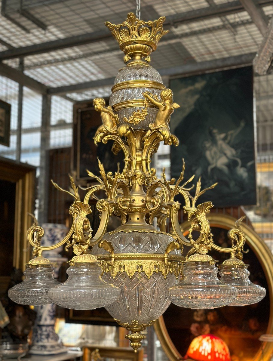 Lustre Bronze Doré Cristal Baccarat Napoléon III 19ème Siècle