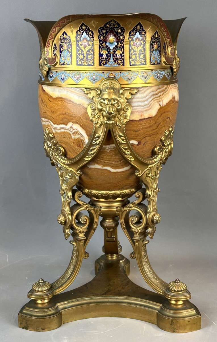 Exquisite 19th Century Gilded Bronze Vase With Champlevé Enamel And Onyx -photo-3