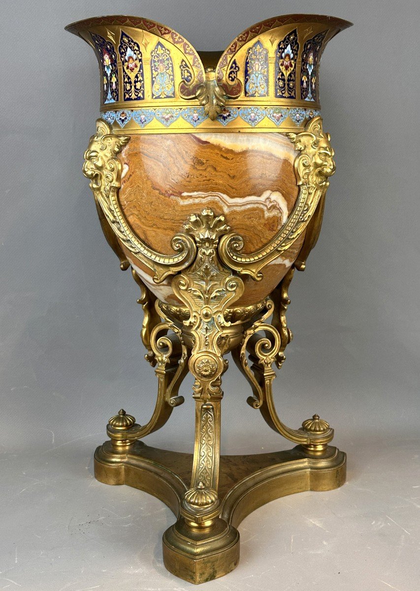 Exquisite 19th Century Gilded Bronze Vase With Champlevé Enamel And Onyx -photo-1