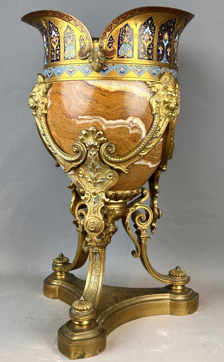 Exquisite 19th Century Gilded Bronze Vase With Champlevé Enamel And Onyx 