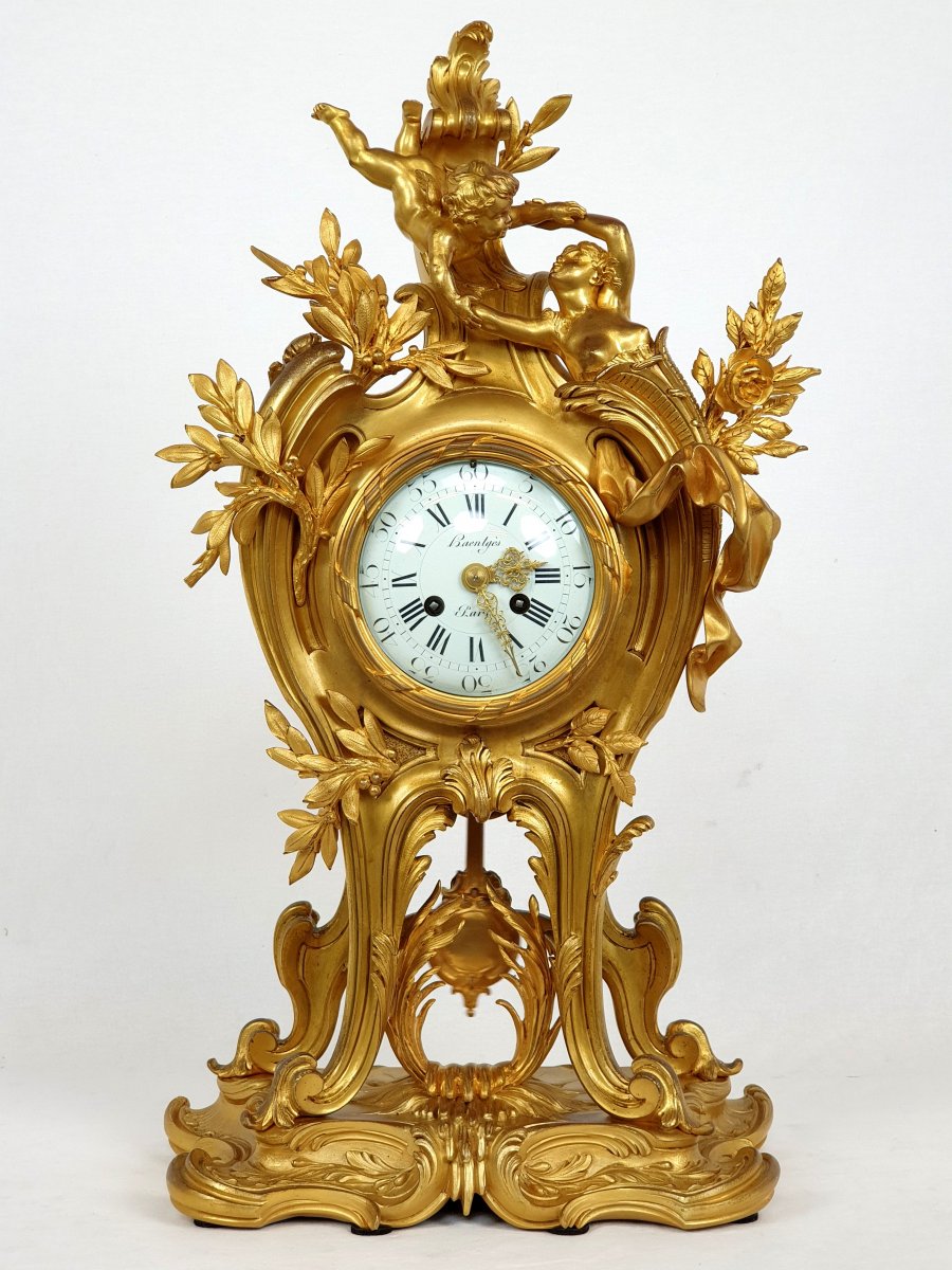 Clock In Bronze Gilded Rococo Style Putto 19th Century