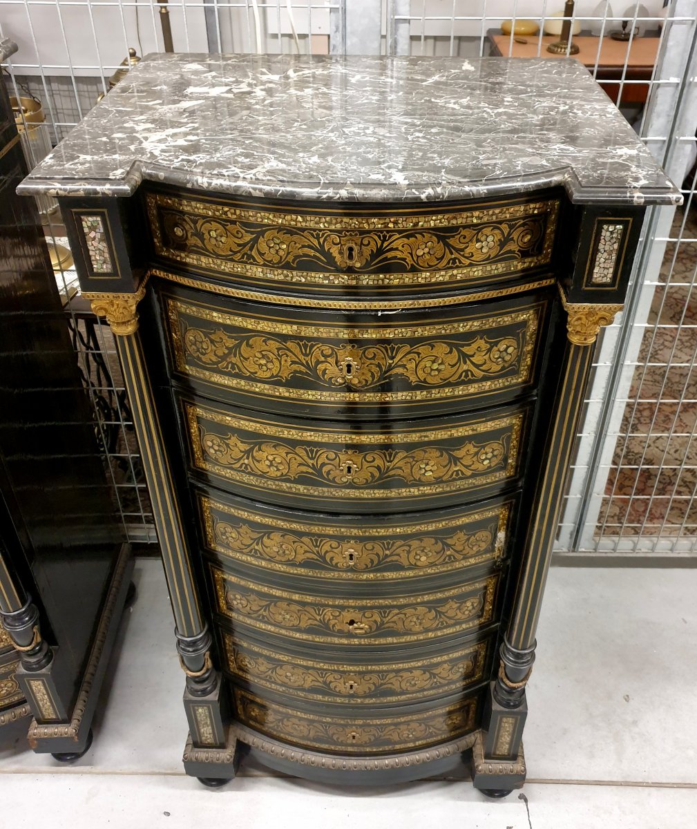 Paire De Commodes Napoleon III Perle Marqueterie 1840-1850-photo-3