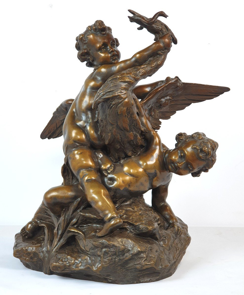 Figure En Bronze Cupidons Avec Héron Signed 19eme Siecle-photo-2