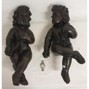 Pair Of Amores In Wood 70 Cm 18th Century