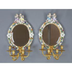 Paire De Meissen Appliques Miroirs Porcelaine Bronze Dore 1870