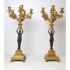 Paire De Candelabres Empire Figurale Debut 19eme Siecle