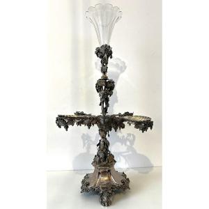 Jardinière En Bronze Argente Et  Cristal 19ème Vigne Et Coquilles Pièce Maîtress 81 cm