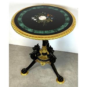 Pedestal Table In Bronze And Pietra Dura Marquetry Sign Hollenbach Wien Malachite Marble 19th C