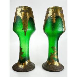 Grande Paire De Vases Legras Et Monjoye Verre Vert Art Nouveau