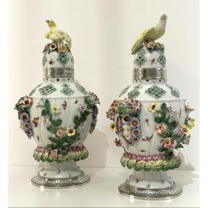 Pair Of Pot Pourris Samson Paris Porcelain And Silver 19th Century