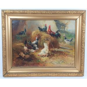 Henry Schouten (belgian, 1857-1927) "rooster With Hens" Oil On Canvas
