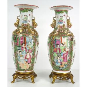 Pair Of Canton Porcelain Vases With Bronze Base