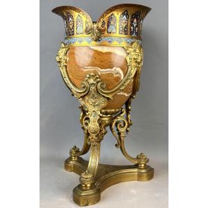 Exquisite 19th Century Gilded Bronze Vase With Champlevé Enamel And Onyx 