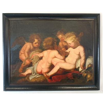 Huile Sur Toile Christ De St. Jean Et Les Anges Selon Rubens 19eme Siècle