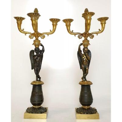 Paire de CandelabreCharles X En Putti en Bronze Patine Dore 19eme Siecle