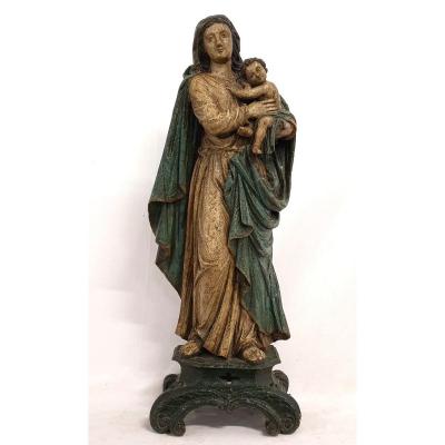 Figure Mere De Dieu Avec Enfant 18eme Siecle Polychrome