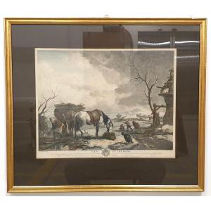 18th Century Color Engraving Philips Wouwerman 58 X 66 Cm