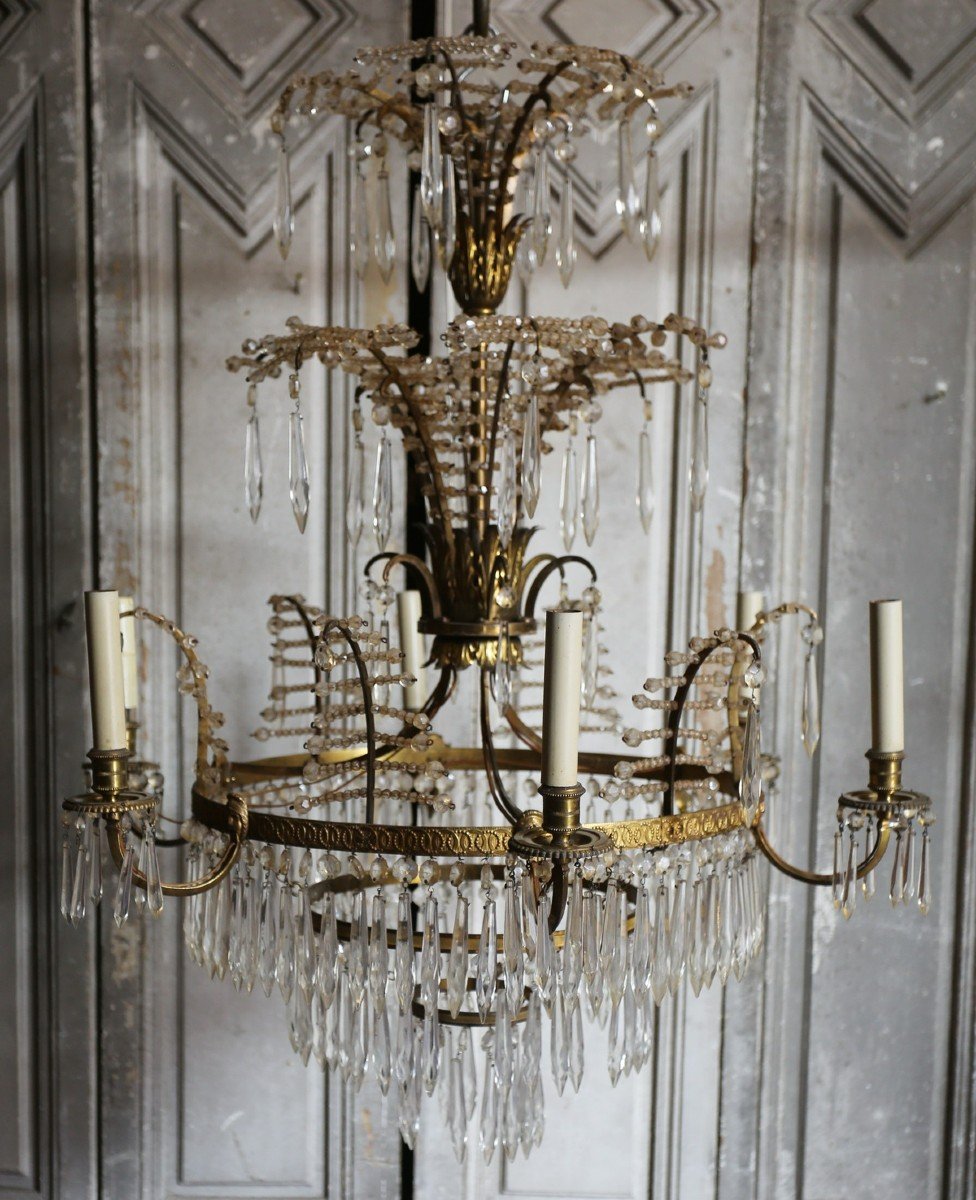 Chandelier 6 Lights In Gilt Bronze And Crystals Style Northern Europe Early XX-photo-2