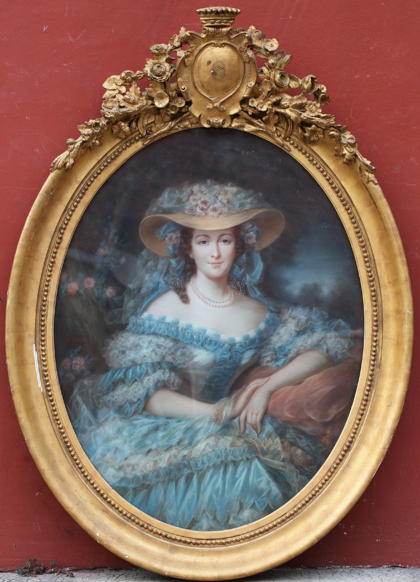 Ecole Française 1859, Portrait De La Duchesse De Montfort-duplessis, Pastel.