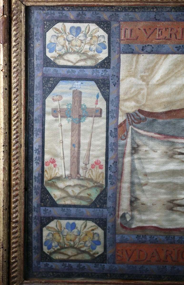 Italian School Of The XVIII, The Holy Shroud, Gouache On Fabrics.-photo-2