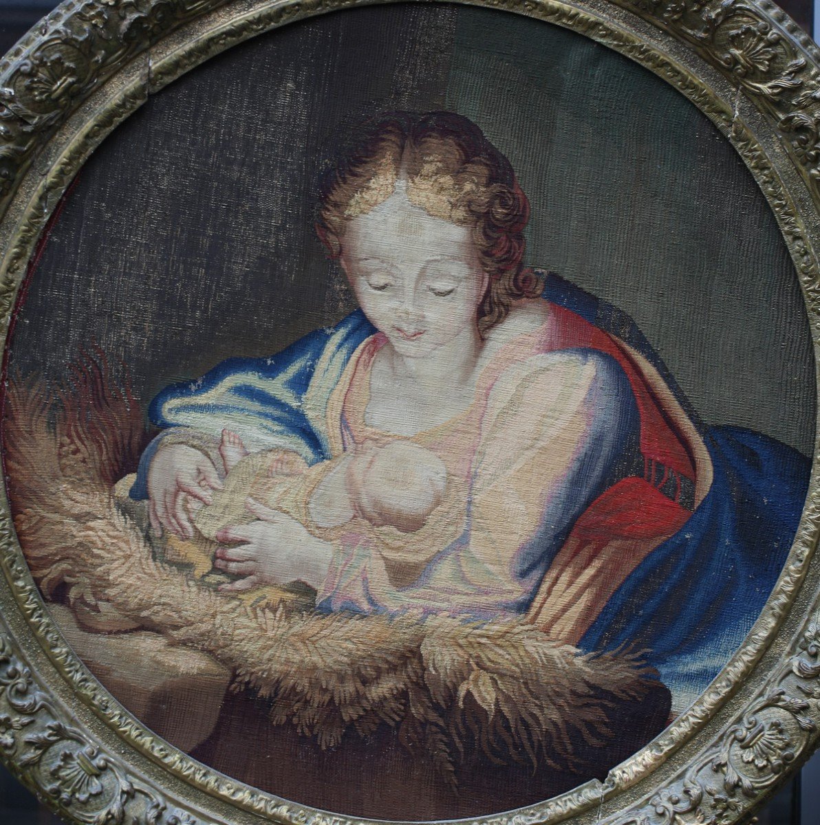 Beauvais XVIII, Tapisserie En Tondo, Vierge à l'Enfant Dans Un Cadre  d'époque.-photo-2