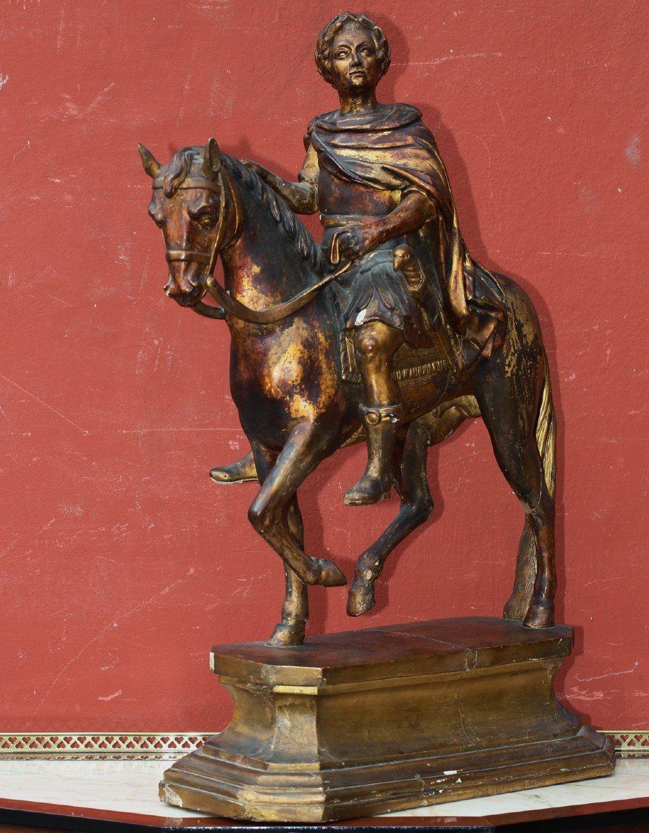 Louis XV On Horseback, As A Roman Emperor, Golden Wood Sculpture-photo-2